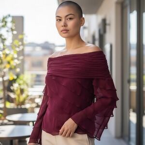 Vintage Cachet Romantic Goth Off Shoulder‎ Ruffled Tiered Sleeve Top Berry 10